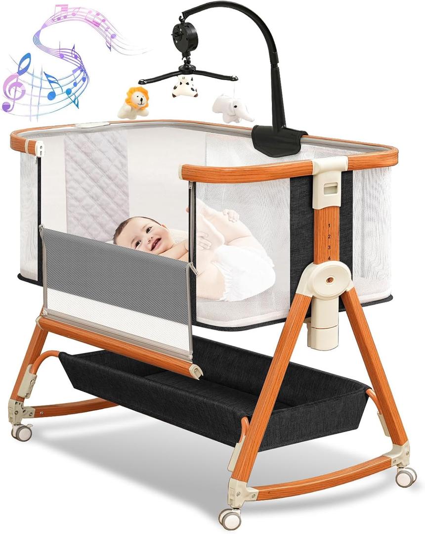 3 in 1 Bassinet,Baby Bassinets Bedside Sleeper with Musical Toy,Adjustable Height Bedside Bassinet for Baby with Wheels and Storage Basket,4-Sided Mesh Bedside Crib for Newborn 0-6 Months (Black)