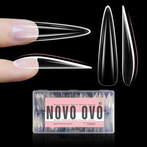 NOVO OVO Halloween Sculpted XXL Stiletto Almond Nail Tip for Curved Nail Beds, Extra Thick Long False Nails Press on, Full Cover Soft Gel Extension Fake Nail for Acrylic kit, Clear X 15 Sizes 300pcs