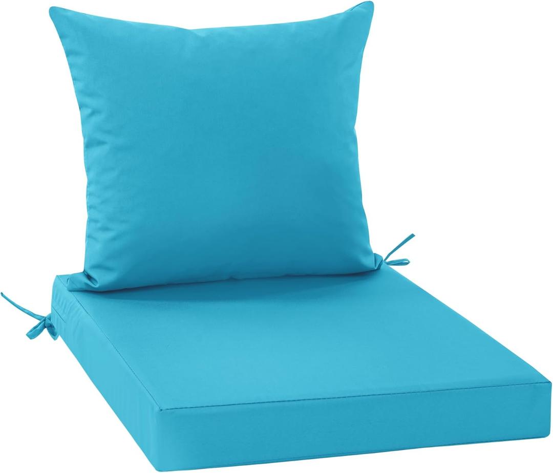 Outdoor Backrest and Deep Seat Cushion Set, Waterproof Fade Resistant Patio Chair Furniture Cushion with Removable Cover, 22 x 22 Inch, Teal, 1 Set