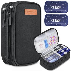 Insulin Cooler Travel Case, Double Layer Medicine Kit Diabetes Travel Case, Portable Medicine Organizer with 2Pack 150g Ice Pack TSA Approved for Insulin Pens Diabetic Supplies (Black)
