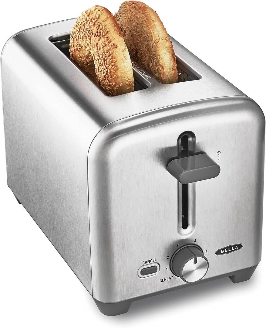 Bella Stainless Steel 2 Slice Toaster with Extra Wide Slots & Removable Crumb Tray - 6 Browning Options, Auto Shut Off & Reheat Function - Toast Bread, Bagel & Waffle