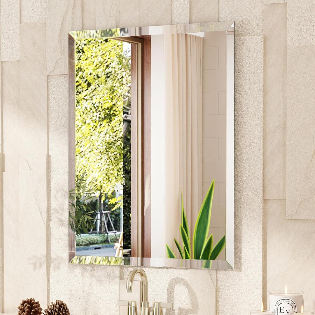 VocalStar Frameless Bathroom Mirror, 24" x 32" Rectangle Wall Mirror with Beveled Edge, Modern Decorative Vanity Mirrored for Living Room, Entryway, Bedroom | 1/4-Inch Shatterproof Glass