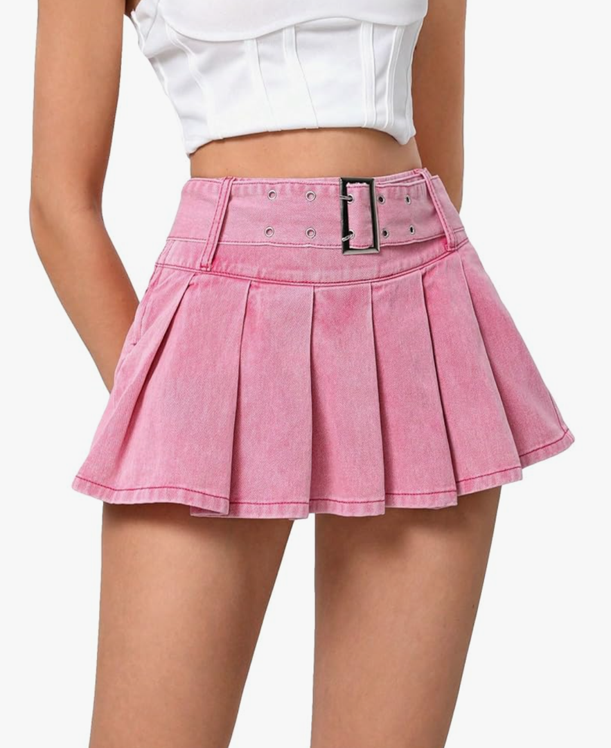 Women's Pleated Short Jean Skirt High Waist Buckle Belt A Line Y2k Denim Mini Skirt M