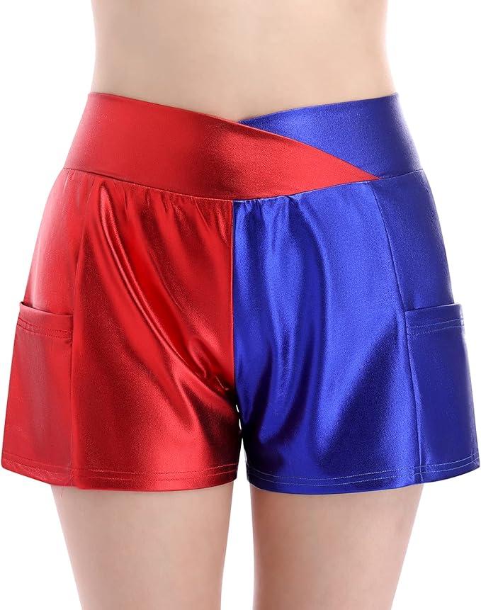 Women's Metallic Shiny Shorts Sparkly Hot Dance Bottoms Elastic Waist Short Pants Rave Festival Outfits with Sunglasses Red+Blue X-Large