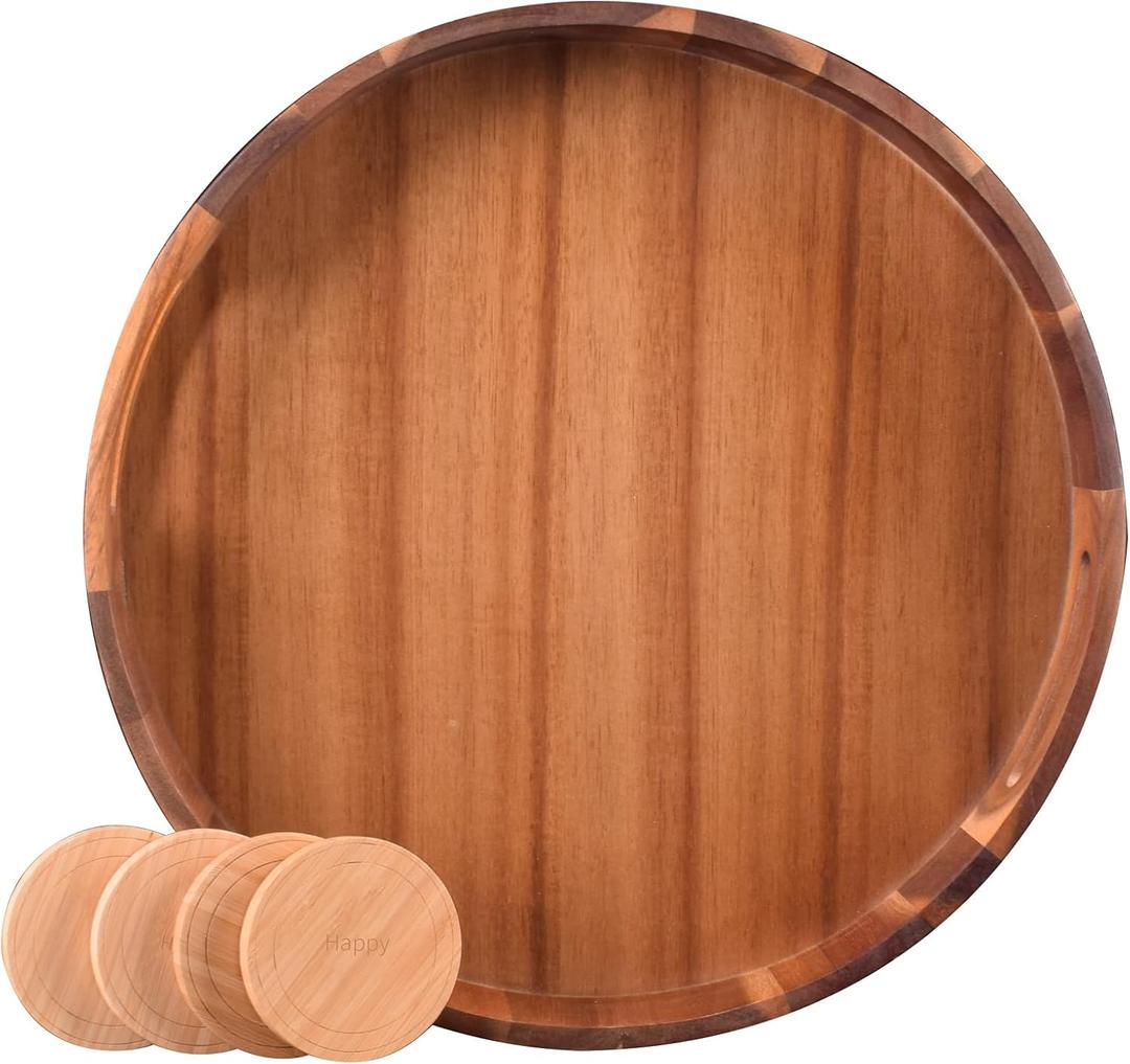 Large Round Wood Serving Tray, Wooden Trays with Handles for Ottoman Table, Vintage Acacia Tray Circle Wood Tray for Indoor Outdoor Organization and Decoration, Including 4 Round Wooden Coasters