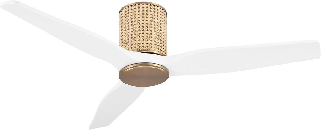 LEDLUX 48" Ceiling Fan No Light - Low Profile Flush Mount Ceiling Fan, 6-Speed Remote Control, Solid Wood, Quiet Reversible DC Motor, White/Gold Finish, for Bedroom, Living Room, Porch