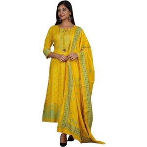 Sayang Cotton Anarkali Indian Kurti for Women Summer Dress Kurta Pant with Dupatta Set (Yellow). L /40