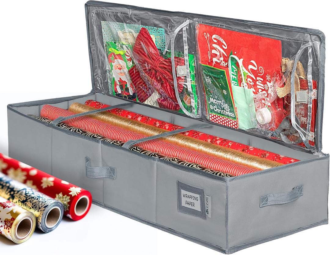 Premium Wrapping Paper Storage Container -Durable Material 600D tear-proof - Fits up to 27 Paper Rolls -Extra Pockets for Ribbons & Bows. Underbed Gift Wrap Organizer, Ideal for Holiday Christmas, etc (Gray)