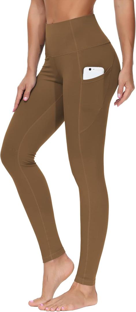 THE GYM PEOPLE Thick High Waist Yoga Pants with Pockets, Tummy Control Workout Running Yoga Leggings for Women (Small, Dark Brown)