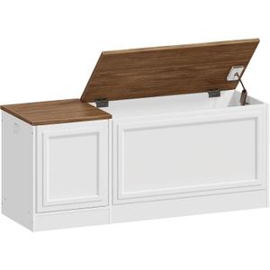 HOOBRO Storage Bench, 47.2" Wooden Toy Box, Toy Chest with Safety Hinge, Farmhouse-Style Storage Chest, Entryway Bench, for Living Room, Bedroom, Hallway, White and Walnut WH54CW01