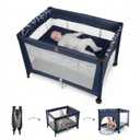 Babilous Pack and Play, Baby Bassinet with Wheels, Foldable Baby Playard for Travel, Easy Carry Bedside Bassinet, Mini Pack n Play with Comfortable Mattress & Compact Space Saving Design, Blue