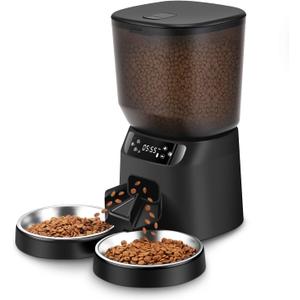 Automatic Cat Feeders for Two Cats, 5L/20 Cups Double Automatic Cat Food Dispenser with 2 Stainless Bowls, Timer Setting 20 Portions 6 Meals Per Day, 10s Meal Call, Pet Feeder for Dog (Black, 5L)