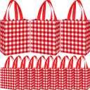 Supervitae 24 Pack Gingham Gift Bags Medium Red and White Theme Party Decoration Supplies Reusable Non Woven Totes for Checkered Dinner Baby Shower Wedding Party Favor(9.8" x 7.9" x 3.9")