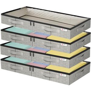 4.5 Inches Under Bed Storage Containers with Sturdy Sidewalls/Bottom and Reinforced HandlesLow Profile Underbed Storage for Clothes,Shoes,Pillows and Blankets with Zips and Clear Windows,4 Pack