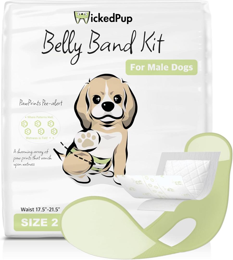 WICKEDPUP Male Dog Belly Band Kit, 50 Diaper Pads & 1 Reusable Male Wrap (Size 2 (17.5"-21.5" Waist))