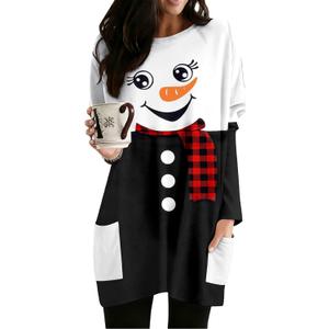 MOUSYA Women Dress Shirt Christmas Long Sleeve Tops Santa Printed Pullover Loose Plus Size T-Shirt Blouse with Pockets (White, S)