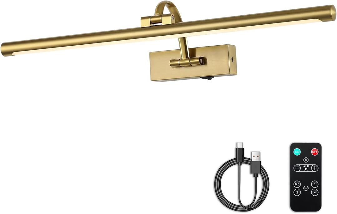 Wireless Picture Lights with Remote and Timer Rechargeable Brass Gallery Lighting Battery Operated Art Lights Over Frame Portrait 5W 24'' Inch Warm White Wireless Picture Lights with Remote and Timer Rechargeable Brass Gallery Lighting Battery Operated Art Lights Over Frame Portrait 5W 24'' Inch Warm White