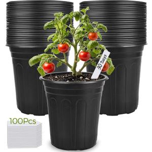GroTheory 100 Pack 1 Gallon Nursery Pots, 6.7 Inch Plastic Pots for Plants, Plastic Flower Pots, Plant Pot, Seedling Pots for Potting, Seed, Succulent, Planting Pots with Plant Labels