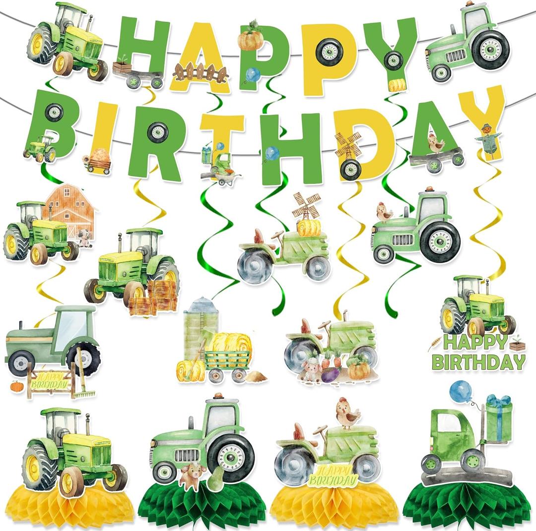 Tractor Birthday Party Decorations Include Tractor Happy Birthday Banners Hanging Swirls Honeycomb Centerpiece Tractor Farm Theme Supplies for Boys