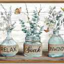 Floating Framed Farmhouse Bathroom Decor Wall Art, Green Botanical Rustic Cotton Pictures Canvas Wall Decor Paintings, Country Relax Soak Unwind Sign Artwork Posters Prints for Bathroom 12x16 Inch