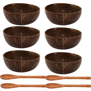 ZENFUN 6 Pack Coconut Bowl with 4 Wooden Spoon, 15 Oz Polished Coconut Bowls, Natural Coconut Shell Bowl Set for Vegan Organic Salad, Smoothie or Buddha Bowls, Kitchen Storage