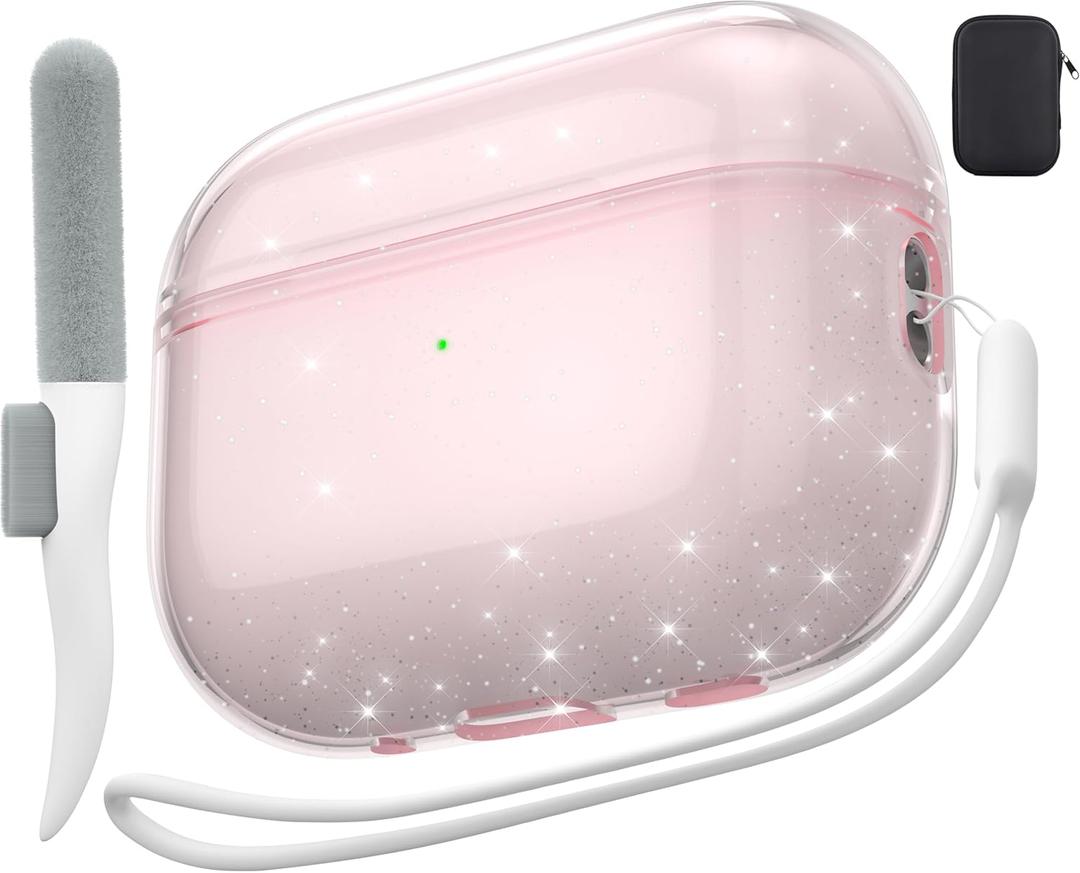 Valkit Compatible AirPods Pro Case Clear, Soft TPU AirPods Pro Case Protective Cover with Cleaning Pen Shockproof for AirPods Pro 2nd/1st Gen 2023/2022/2019 (Glitter Pink)
