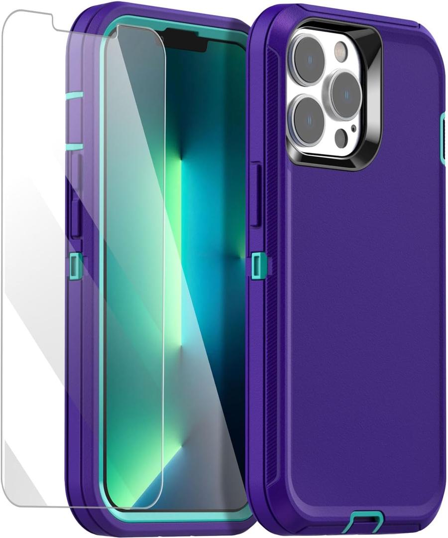 AICase for iPhone 13 Pro Max/12 Pro Max Case with Glass Protector,Heavy Duty Drop Protection Full Body Rugged Shockproof/Dust Proof Military Protective Tough for iPhone 13 Pro Max/12 Pro Max 6.7_3 (Iris Purple with Glass Protector)