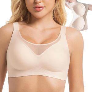 PRETTYWELL Wireless Bras for Women Molded Cup Comfort Push up Bra Mesh Seamless Full Coverage No Underwire Bra A to D Cup (S)