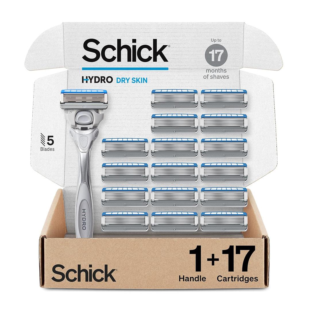 Schick Hydro Dry Skin Razors for Men | 5-Blade Mens Razors for Shaving, 1 Mens Razor Handle with 17 Razor Blades Refills (Black)