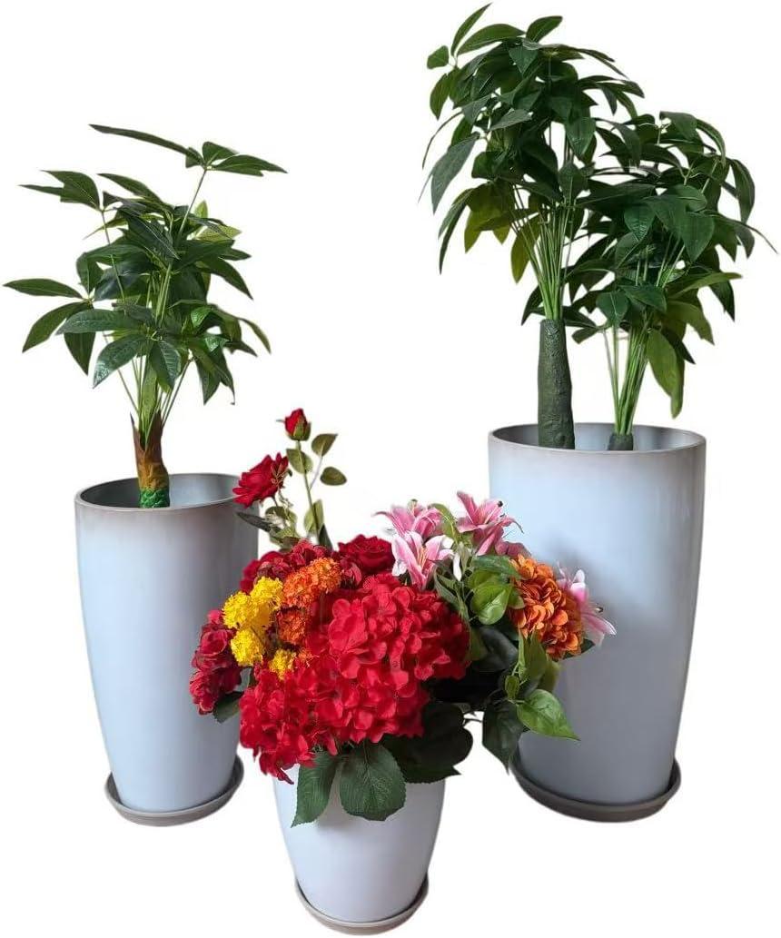 24,21,11 Inch Large Plastic Planters with Drainage Hole and Saucer - Set of 3 Tall Plant Pots Indoor Flower Pot Tall Round Planters Outdoor Large Tall Planter