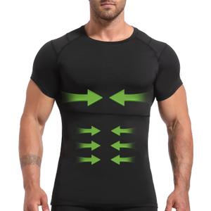 Lgtfy 4D Mens Compression Shirt Short Sleeve, Gynecomastia Tummy Control Back Support Undershirt, Slimming Vest (Black, L)