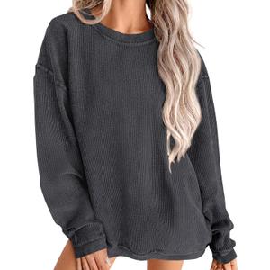 PRETTYGARDEN Women's Oversized Sweatshirt 2025 Fall Fashion Clothes Ribbed Corduroy Long Sleeve Going Out Pullover Tops (Dark Grey, Medium)  