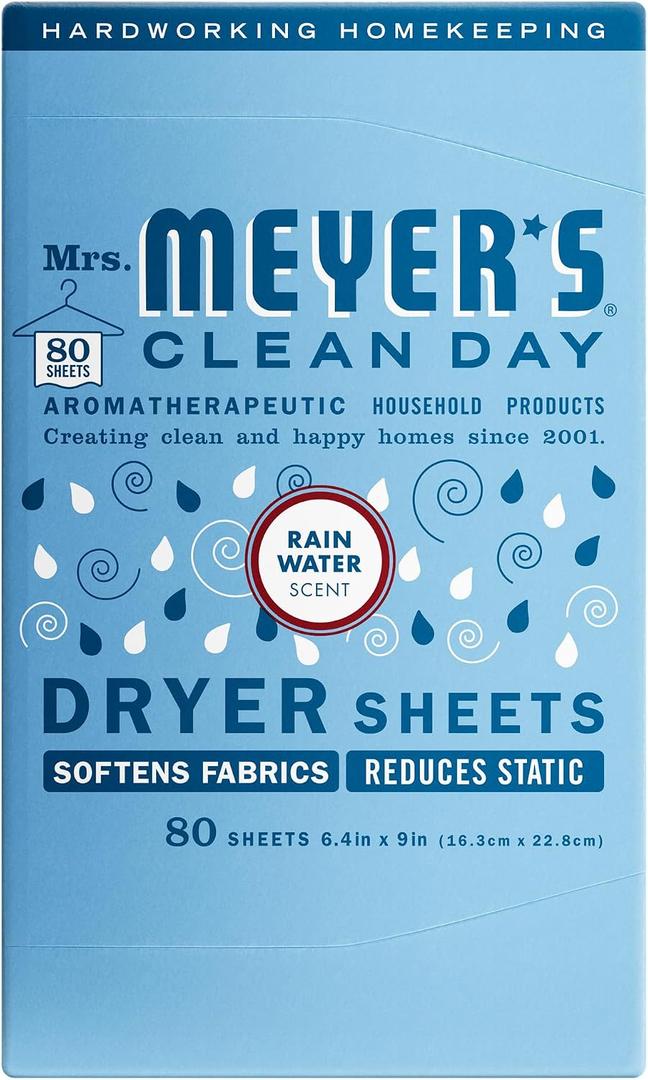 MRS. MEYER'S CLEAN DAY Dryer Sheets, Fabric Softener, Reduces Static, Infused with Essential Oils, Rain Water Scent, 80 Count
