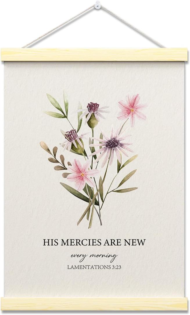 Floral Christian Poster Hanger Frame, His Mercies are New Every Morning Christian Hanging Wall Art Decor for Home Bedroom Living Room Prayer Room, 12x16 Inches Wooden Canvas Poster Frames -013