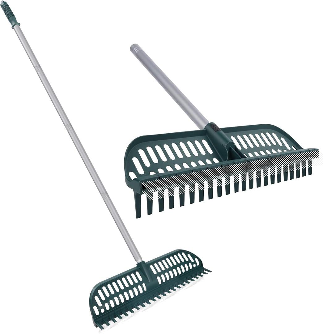 Artificial Turf Rake with 18in Widen Double-Sided Heads, 32-61 Inch Turf Brush Grass Rake for Artificial Grass, Turf Grass Broom for Garden Lawn Artificial Turf Leaves Pet Hairs
