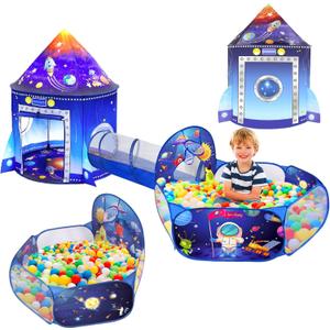 3 in 1 Rocket Ship Play Tent with Tunnel Ball Pit for Kids Space Themed Pop Up Playhouse Indoor Outdoor Astronaut Tent Set Toy Gift for Boys Girls Toddler Baby Child Games Birthday Party