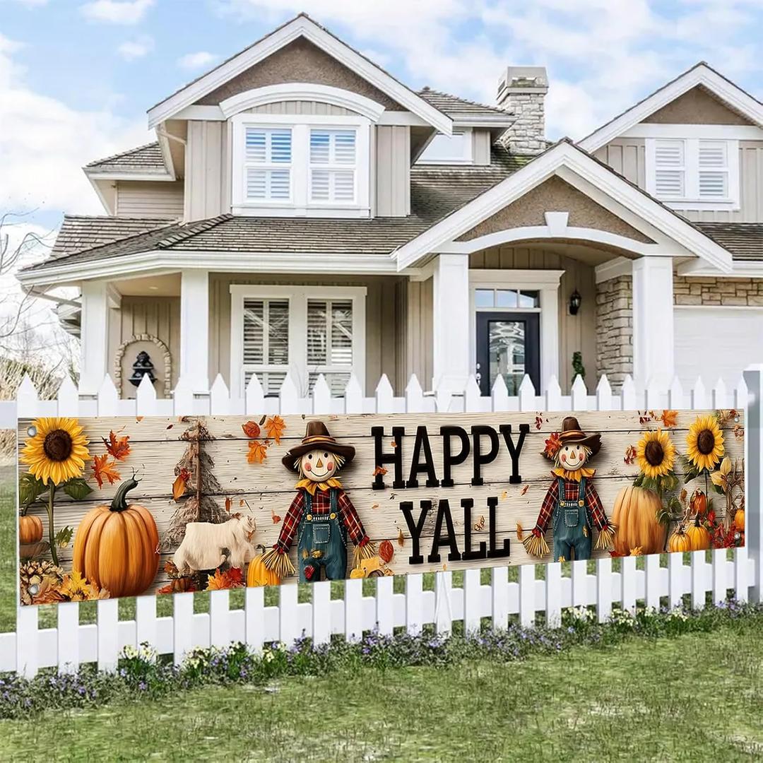 Happy Yall Banner Fall Holiday Backdrop Scarecrows Pumpkins Sunflowers 118x20 inches Autumn Decor Party Supplies Welcome Yard Sign Wall Hanging Banner Decoration