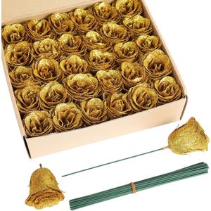 Gold Roses,30pcs Sparkle Roses Gold Flowers Artificial Roses with Stems for Crafts Wedding Bouquet Party Home Decor(Gold)