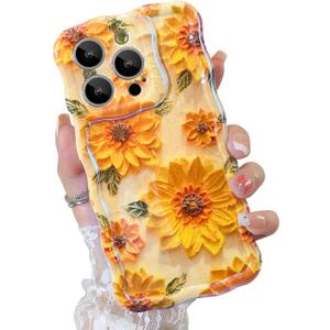 OOK Oil Painting Phone Case for iPhone 14 Pro Laser Glossy Cute Oil Painting Flower Pattern Curly Waves Bumper Design Soft Protective Cover for Girls Women Yellow Sunflower