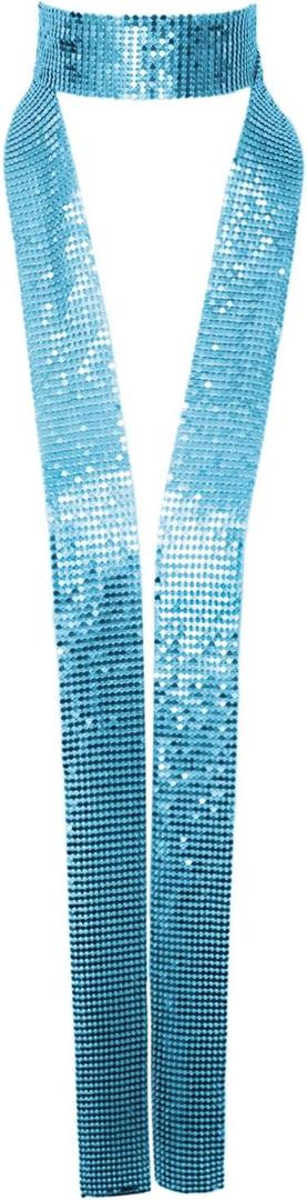 Metal Sequin Ties for Women Long Skinny Scarves, Sparkly Glitter Scarf Necktie Belt for Party Prom Wedding Daily (Blue)