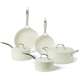 Amazon Basics Ceramic Nonstick Cookware, 8-Piece Set of Pots and Pans, Dishwasher and Oven-Safe, All Cooktop Induction Friendly, Ivory