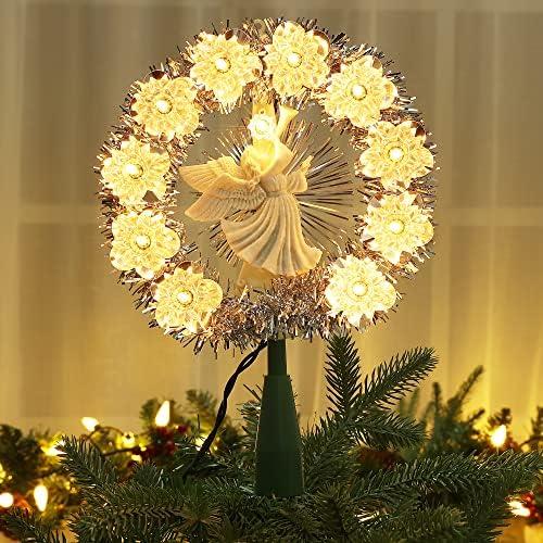 Brizled Christmas Tree Topper, 8" Lighted Angel Tree Topper with 11 Count Lights, Siver Tinsel Wreath Tree Toppers, Warm Lighted Angel Tree Topper with 10 Flowers, Plug in Treetop for Christmas Tree