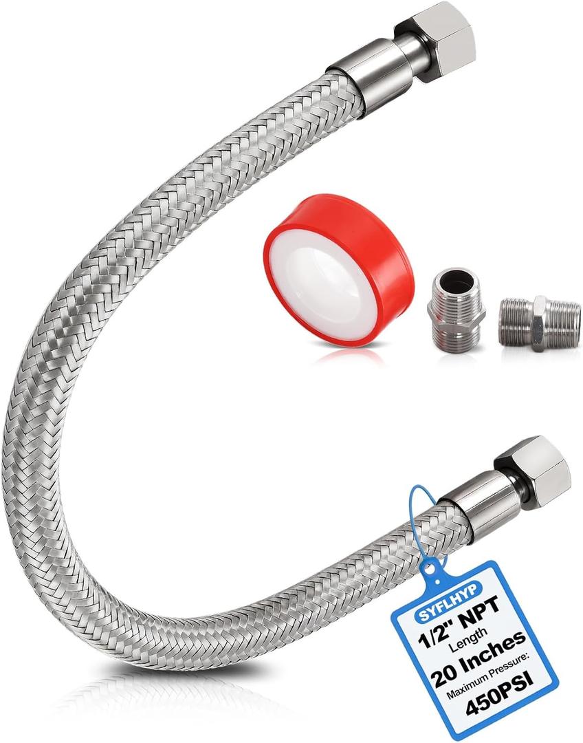 Industrial Grade Compressor Jumper Hose - 1/2" NPT Male (20" Length), 450 PSI 750F, Flexible Stainless Steel with Freely Rotating Fittings for Air Compressor System