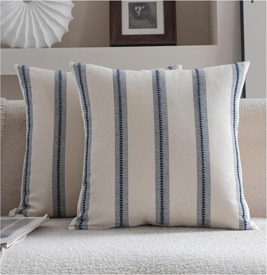 Cethom Boho Throw Pillow Covers 18x18 Set of 2, Navy Blue Striped Decorative Pillow Cases for Couch Chair Bed, Textured Farmhouse Modern Accent Cushion Covers for Living Room Bedroom Sofa Home Decor