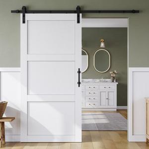 SmartStandard 42in x 84in Sliding Barn Door with 7FT Barn Door Hardware Track Kit & Handle, Waterproof PVC Surface, Pre-Drilled Holes Easy to Assemble, White, Solid, MDF, 3 Panel