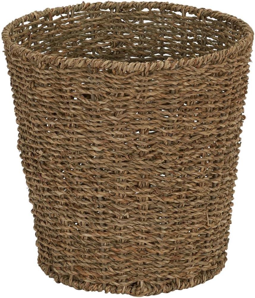 Household Essentials Seagrass Wicker Waste Basket with Handwoven Fibers and Metal Frame, Natural Golden‑Brown Finish