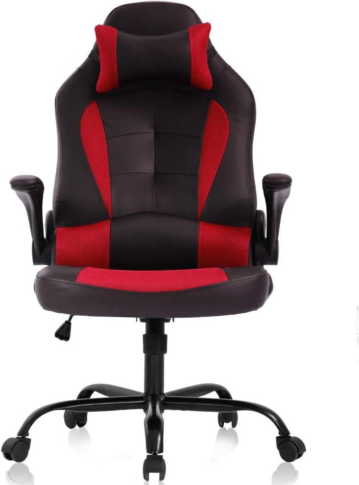 Dkeli Gaming Chair Office Chair Desk Chair Ergonomic High Back Computer Chair with Lumbar Support Flip-up Arms Headrest PU Leather Swivel Task Chair (Red)