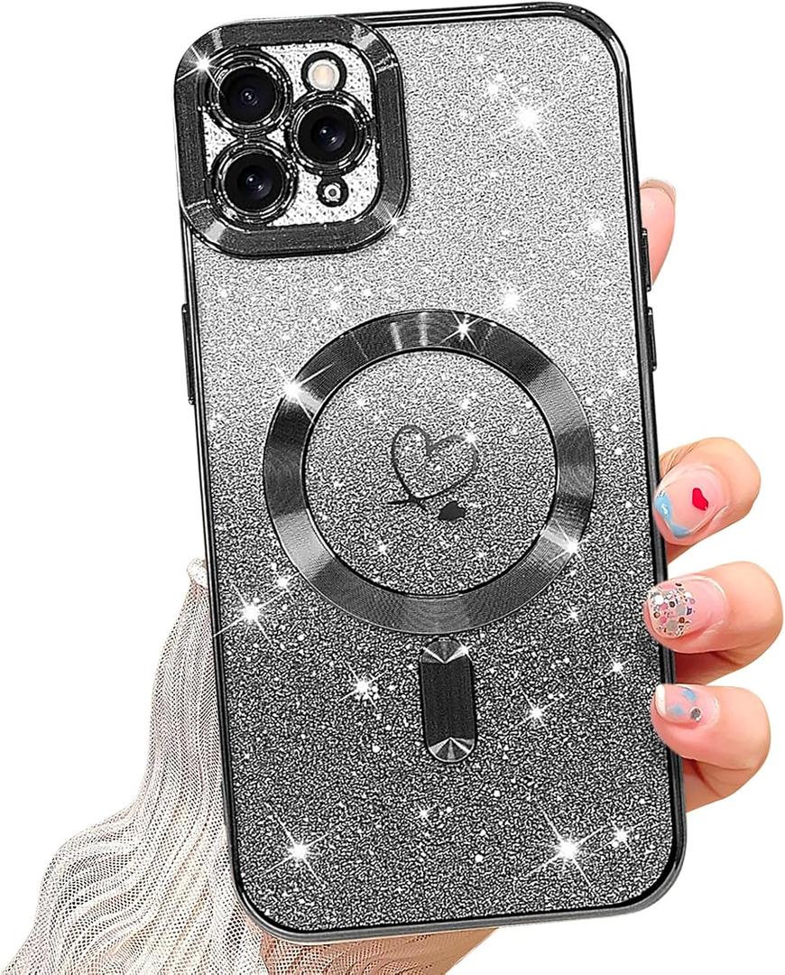 NITITOP Compatible with iPhone 11 Pro Max Case Cute Clear Glitter [Compatible for MagSafe] Plating Heart Sparkle Bling Magnetic Girl Women Electroplated Frame Camera Protection Back Cover - Black