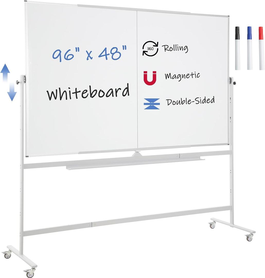 FORTUNO Large Magnetic Mobile Whiteboard 96"x48", Rolling Double Sided Stand Whiteboard on Wheels, Reversible Adjustable Height/Angle Dry Erase Board 8' x 4' Easel White Board for Office Classroom