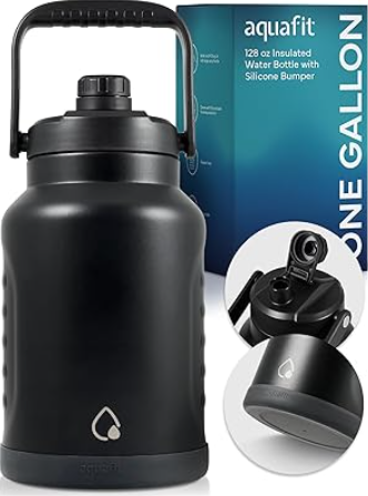AQUAFIT 1 Gallon Insulated Water Bottle (Cold for 48 Hrs) - BPA Free & Leak Proof - 128oz Stainless Steel Jug - Big Water Bottle with Handle for Gym, Hiking, Camping & Travel (Military Green)
